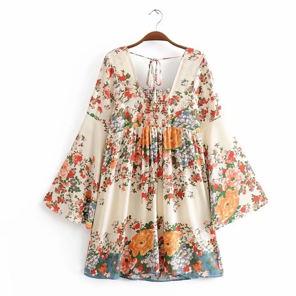 The Elle Boho Bloom Shift Dress w/Bell Sleeves - Picture 2 of 13